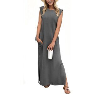 Grecerelle Women Dark Gray Round Neck Loose Split Wrinkle-Free Long Maxi Dress